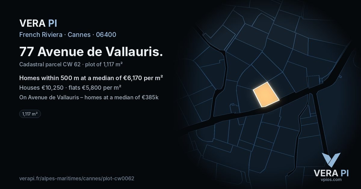 77 Avenue de Vallauris, Cannes at night – the plot lit, the parcels around coloured by the prices near them