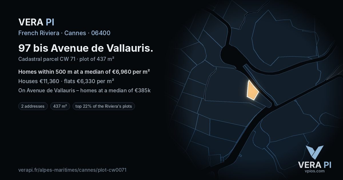 97 bis Avenue de Vallauris, Cannes at night – the plot lit, the parcels around coloured by the prices near them