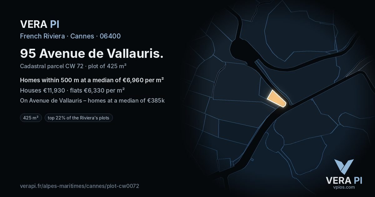 95 Avenue de Vallauris, Cannes at night – the plot lit, the parcels around coloured by the prices near them