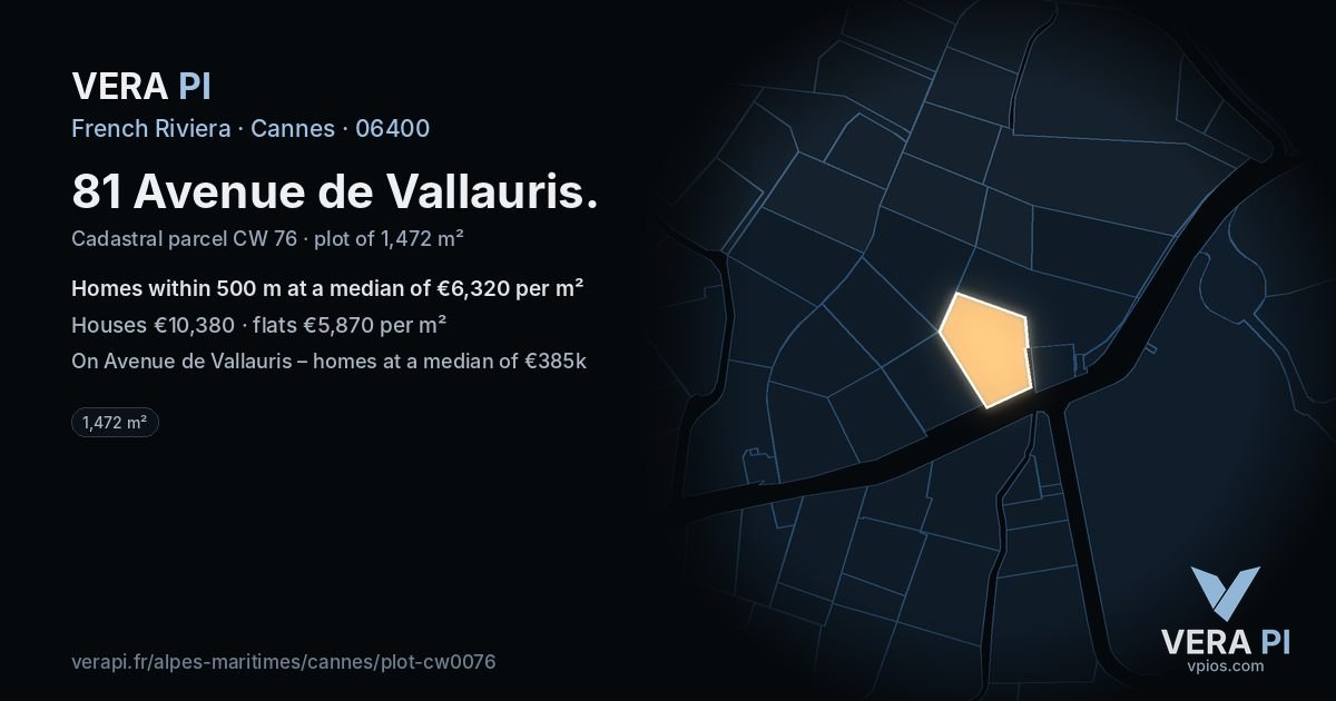 81 Avenue de Vallauris, Cannes at night – the plot lit, the parcels around coloured by the prices near them