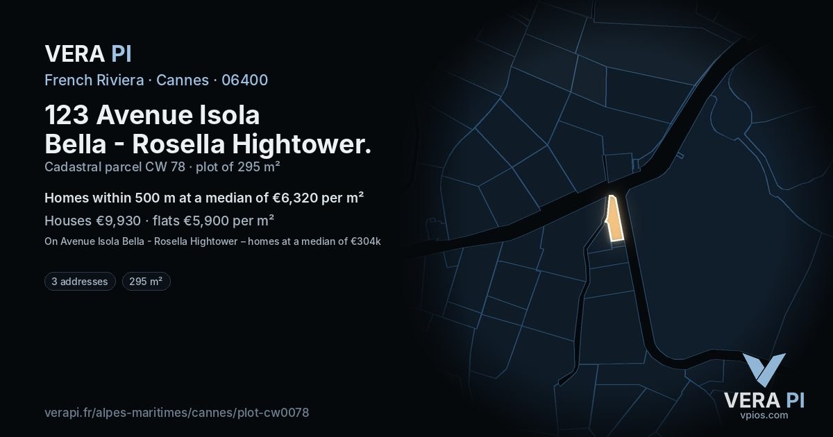 123 Avenue Isola Bella - Rosella Hightower, Cannes at night – the plot lit, the parcels around coloured by the prices near them