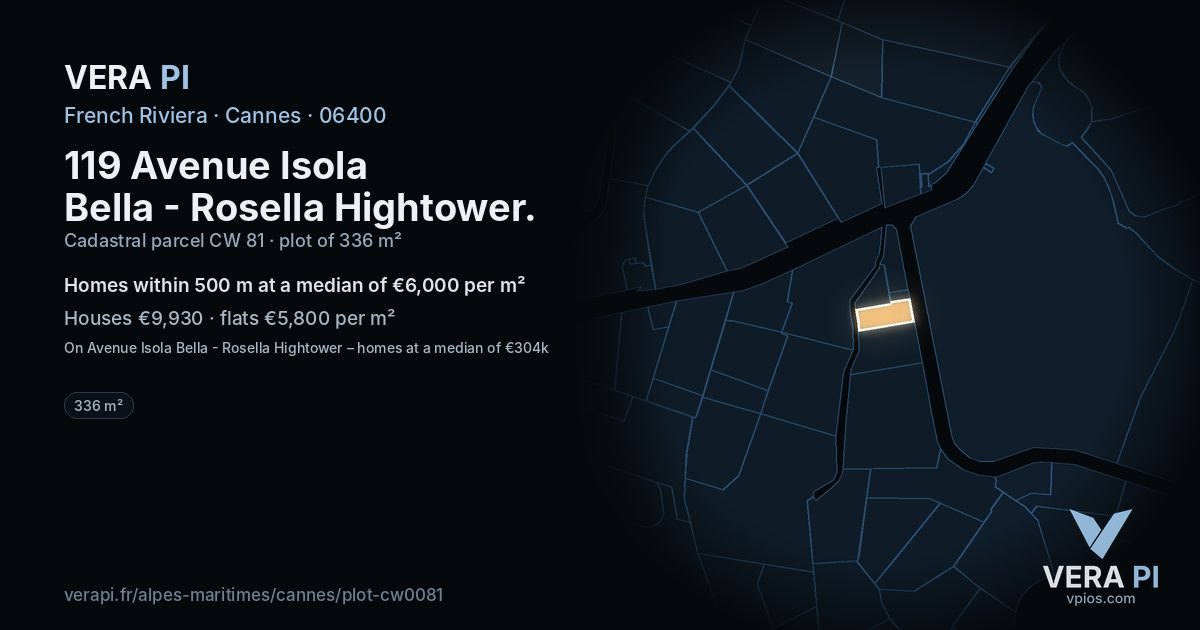 119 Avenue Isola Bella - Rosella Hightower, Cannes at night – the plot lit, the parcels around coloured by the prices near them