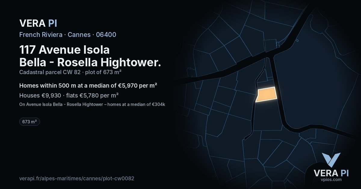 117 Avenue Isola Bella - Rosella Hightower, Cannes at night – the plot lit, the parcels around coloured by the prices near them