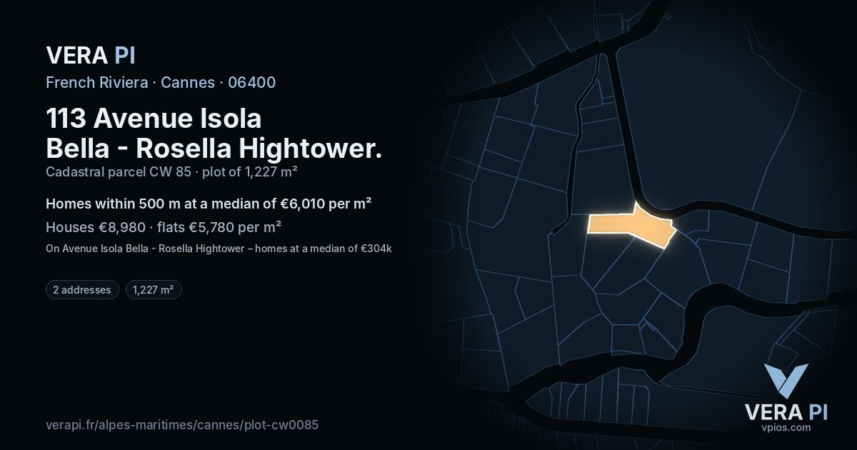 113 Avenue Isola Bella - Rosella Hightower, Cannes at night – the plot lit, the parcels around coloured by the prices near them