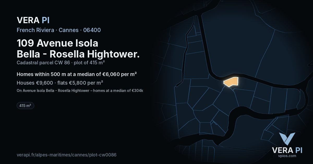 109 Avenue Isola Bella - Rosella Hightower, Cannes at night – the plot lit, the parcels around coloured by the prices near them