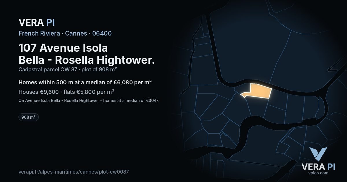 107 Avenue Isola Bella - Rosella Hightower, Cannes at night – the plot lit, the parcels around coloured by the prices near them