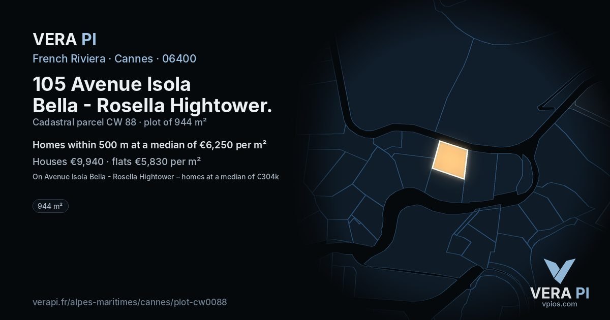 105 Avenue Isola Bella - Rosella Hightower, Cannes at night – the plot lit, the parcels around coloured by the prices near them