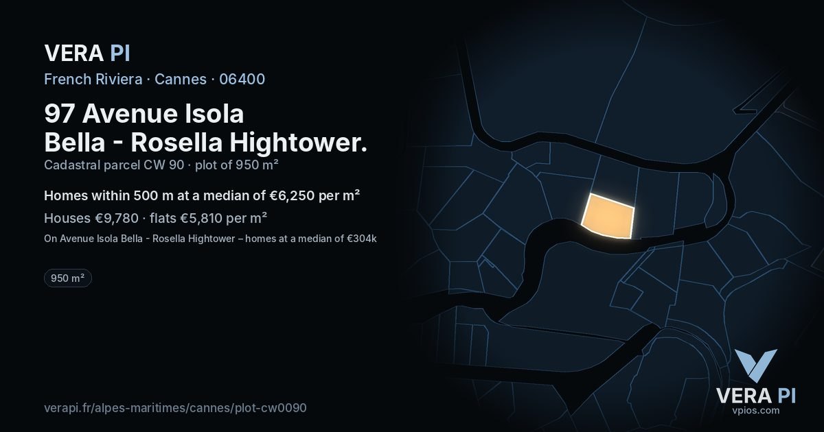 97 Avenue Isola Bella - Rosella Hightower, Cannes at night – the plot lit, the parcels around coloured by the prices near them