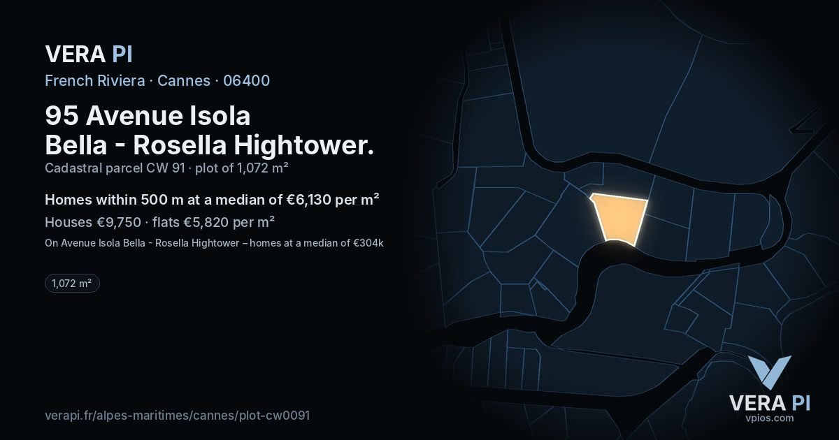 95 Avenue Isola Bella - Rosella Hightower, Cannes at night – the plot lit, the parcels around coloured by the prices near them