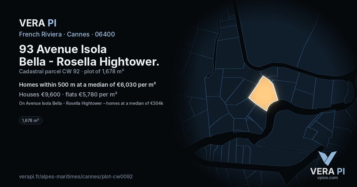 93 Avenue Isola Bella - Rosella Hightower, Cannes at night – the plot lit, the parcels around coloured by the prices near them