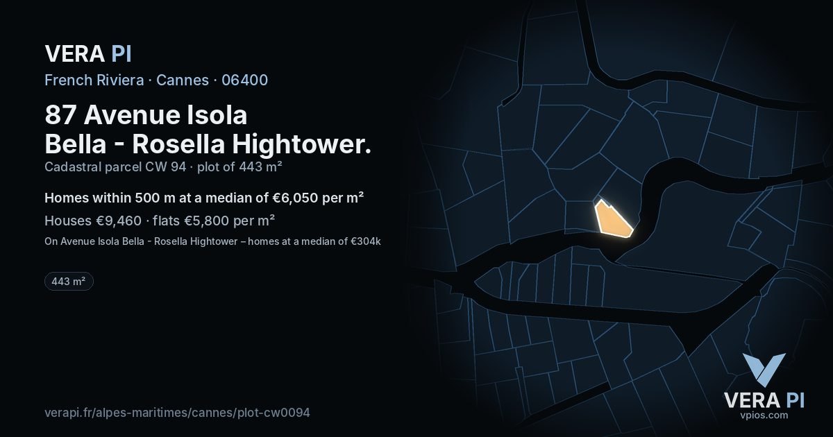87 Avenue Isola Bella - Rosella Hightower, Cannes at night – the plot lit, the parcels around coloured by the prices near them