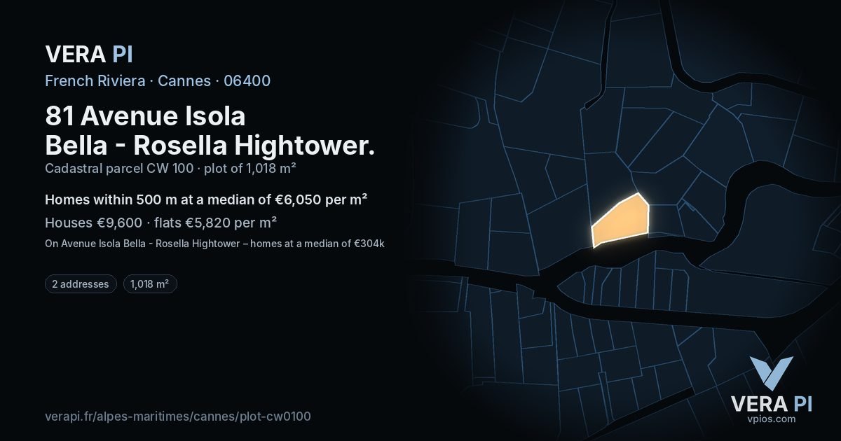 81 Avenue Isola Bella - Rosella Hightower, Cannes at night – the plot lit, the parcels around coloured by the prices near them