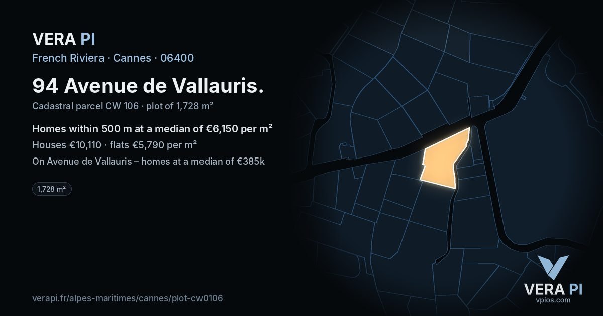 94 Avenue de Vallauris, Cannes at night – the plot lit, the parcels around coloured by the prices near them