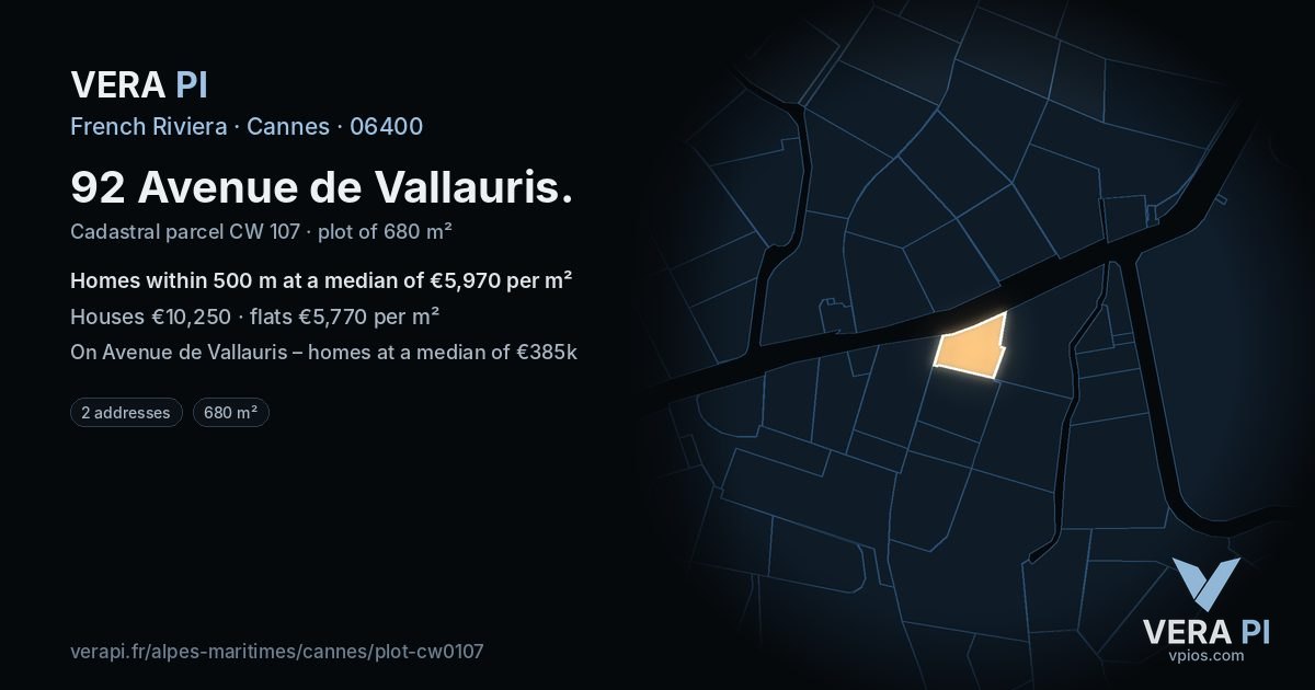 92 Avenue de Vallauris, Cannes at night – the plot lit, the parcels around coloured by the prices near them