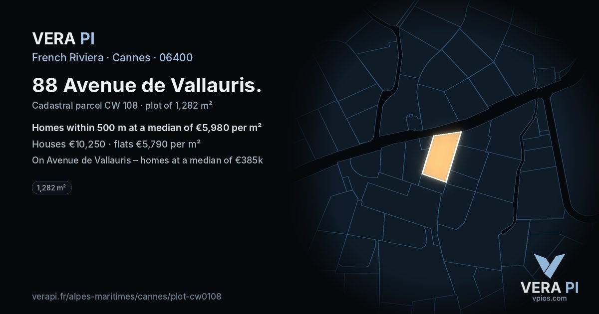 88 Avenue de Vallauris, Cannes at night – the plot lit, the parcels around coloured by the prices near them