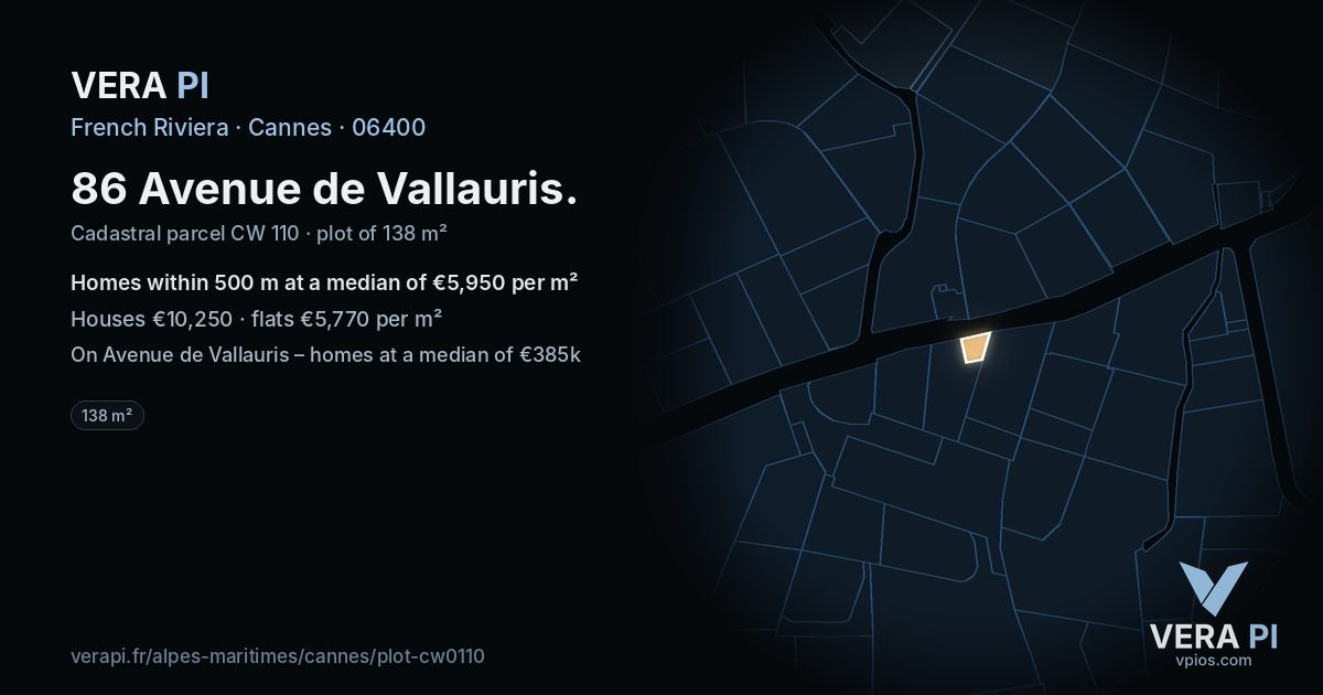 86 Avenue de Vallauris, Cannes at night – the plot lit, the parcels around coloured by the prices near them