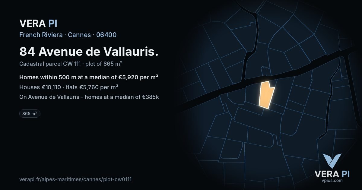 84 Avenue de Vallauris, Cannes at night – the plot lit, the parcels around coloured by the prices near them