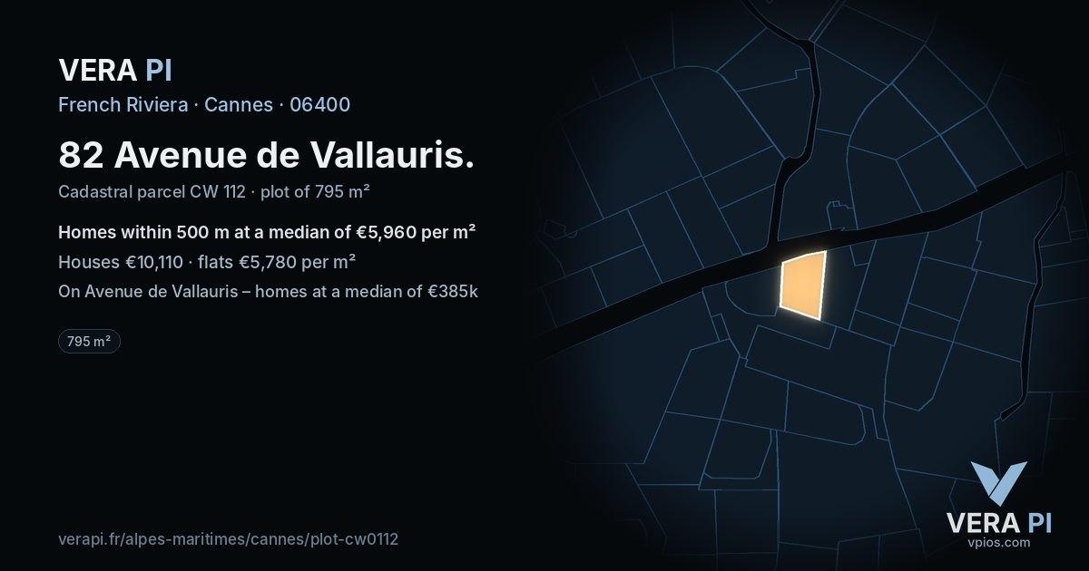 82 Avenue de Vallauris, Cannes at night – the plot lit, the parcels around coloured by the prices near them