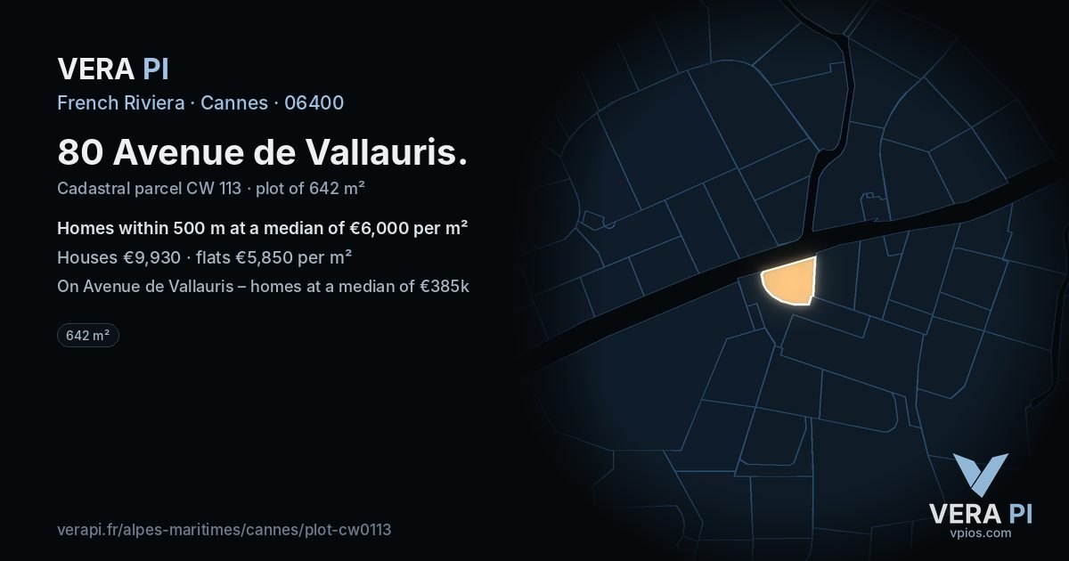 80 Avenue de Vallauris, Cannes at night – the plot lit, the parcels around coloured by the prices near them