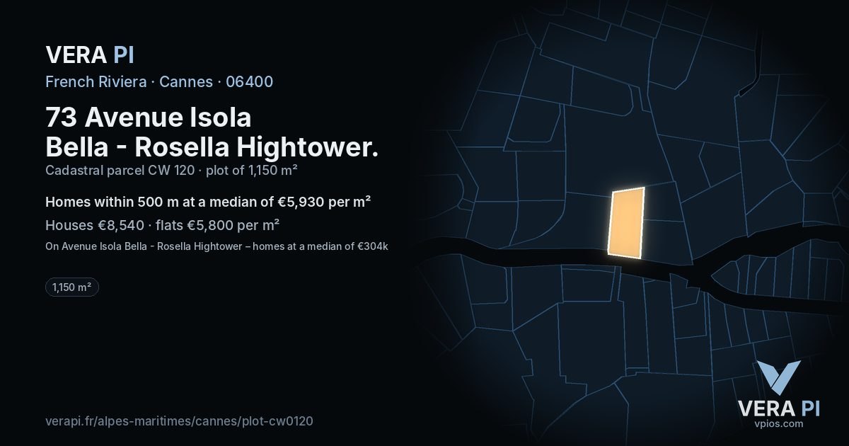73 Avenue Isola Bella - Rosella Hightower, Cannes at night – the plot lit, the parcels around coloured by the prices near them
