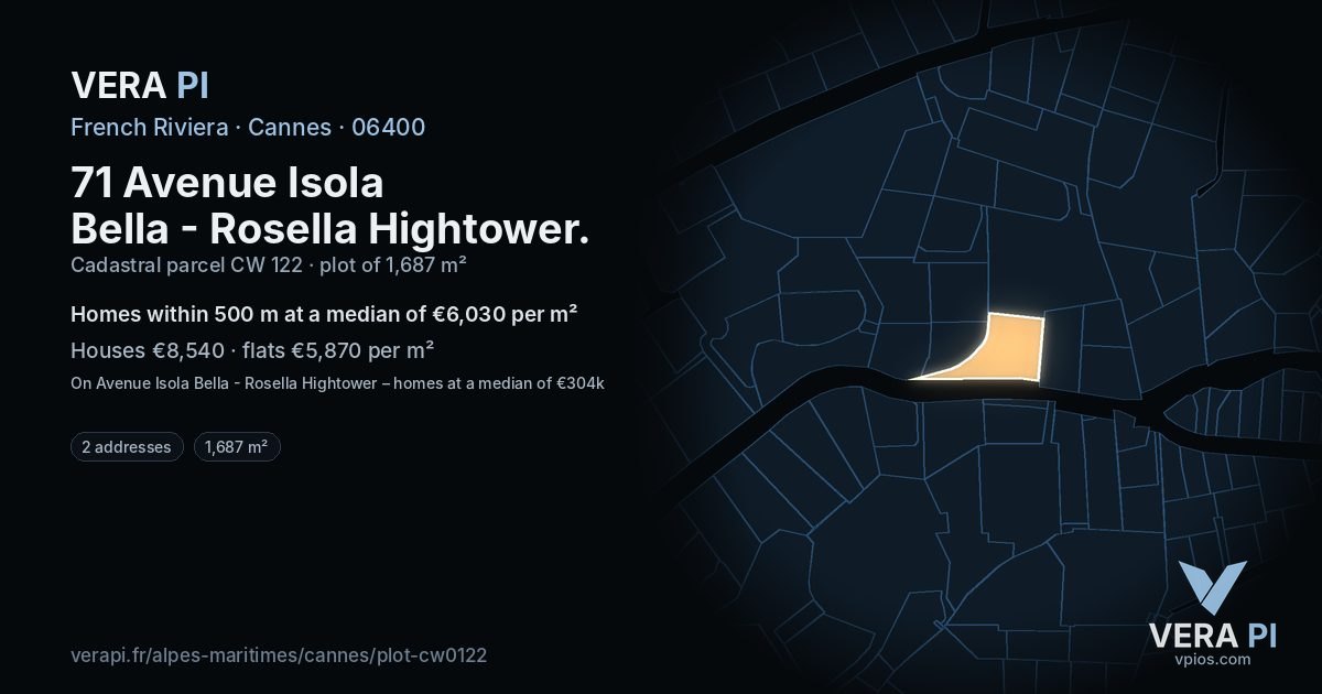 71 Avenue Isola Bella - Rosella Hightower, Cannes at night – the plot lit, the parcels around coloured by the prices near them