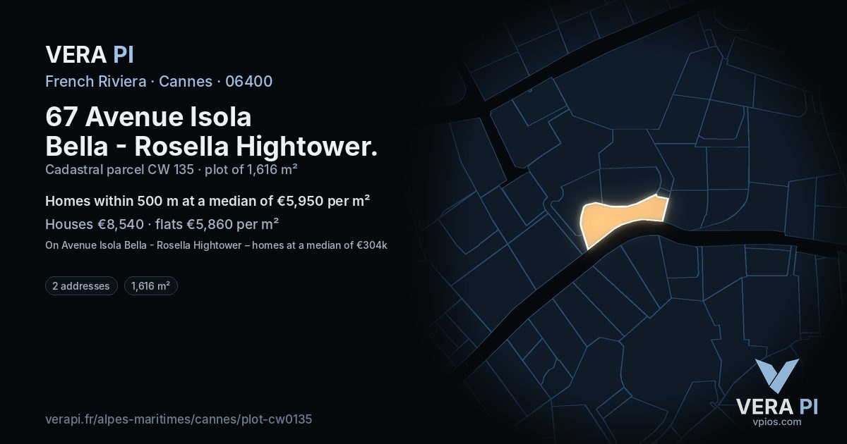 67 Avenue Isola Bella - Rosella Hightower, Cannes at night – the plot lit, the parcels around coloured by the prices near them