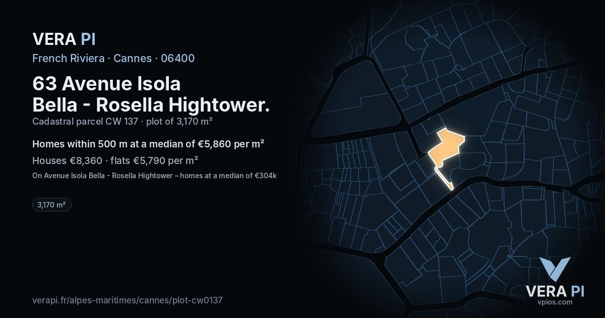 63 Avenue Isola Bella - Rosella Hightower, Cannes at night – the plot lit, the parcels around coloured by the prices near them