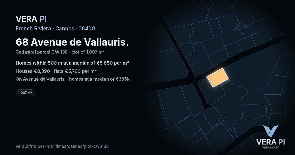 68 Avenue de Vallauris, Cannes at night – the plot lit, the parcels around coloured by the prices near them
