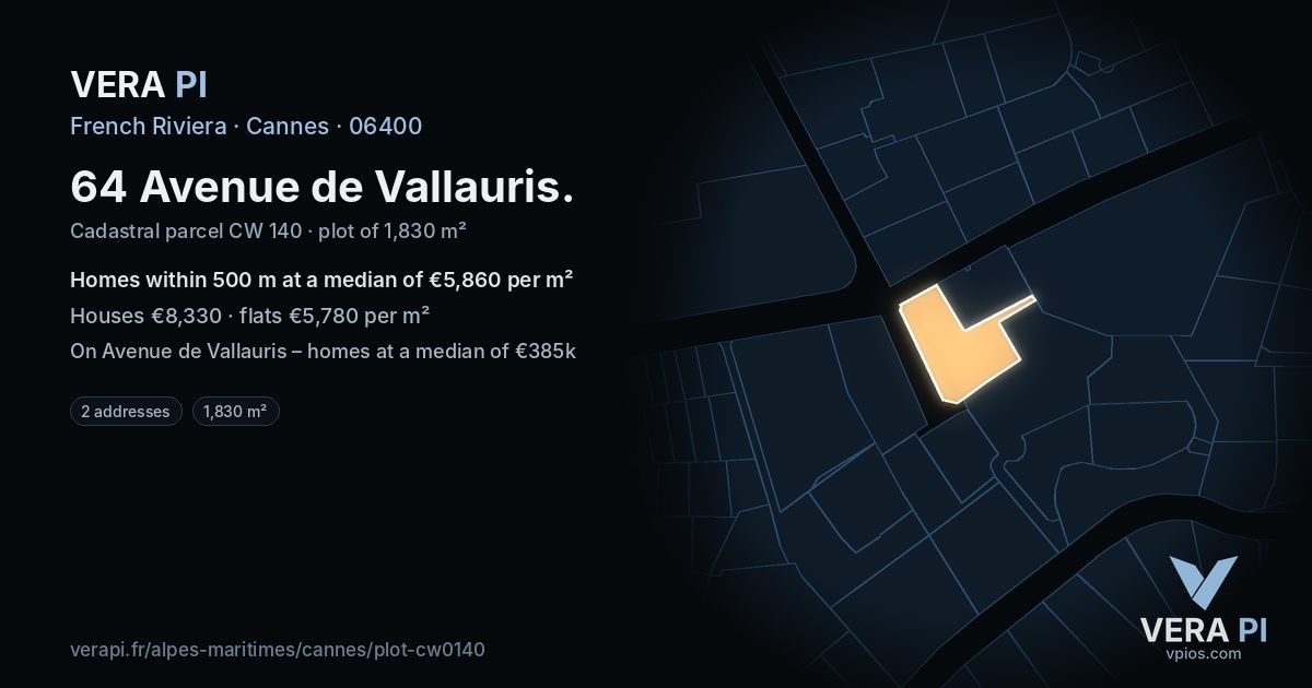 64 Avenue de Vallauris, Cannes at night – the plot lit, the parcels around coloured by the prices near them