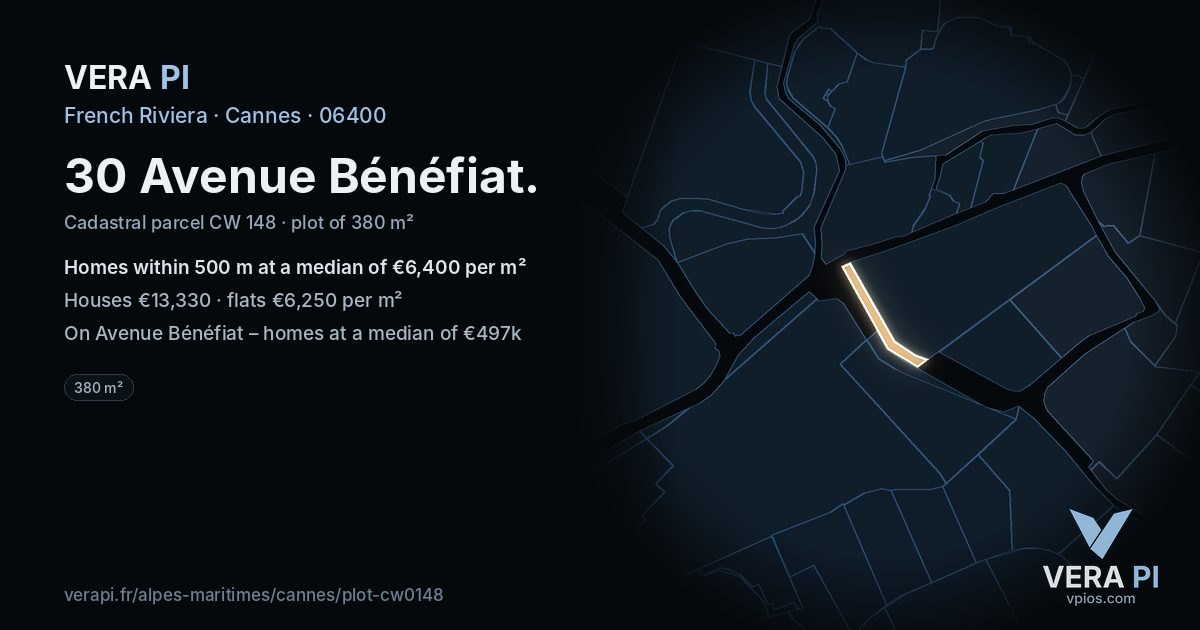 30 Avenue Bénéfiat, Cannes at night – the plot lit, the parcels around coloured by the prices near them