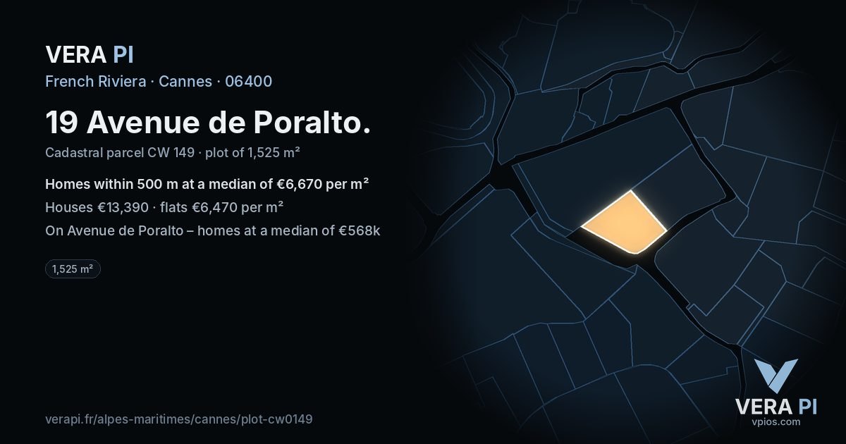 19 Avenue de Poralto, Cannes at night – the plot lit, the parcels around coloured by the prices near them