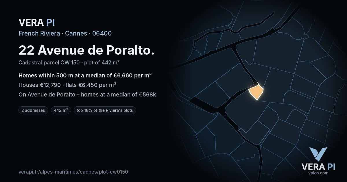22 Avenue de Poralto, Cannes at night – the plot lit, the parcels around coloured by the prices near them