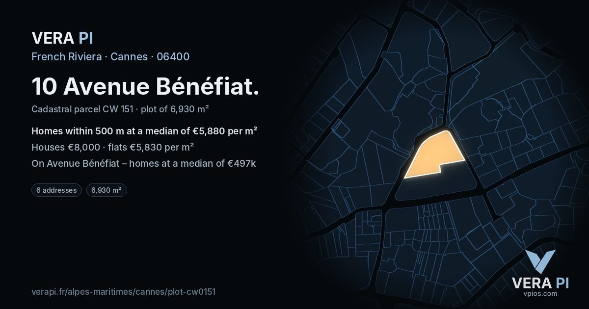 10 Avenue Bénéfiat, Cannes at night – the plot lit, the parcels around coloured by the prices near them