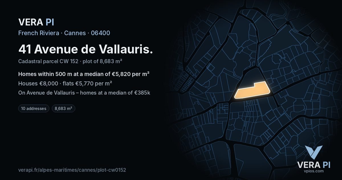 41 Avenue de Vallauris, Cannes at night – the plot lit, the parcels around coloured by the prices near them