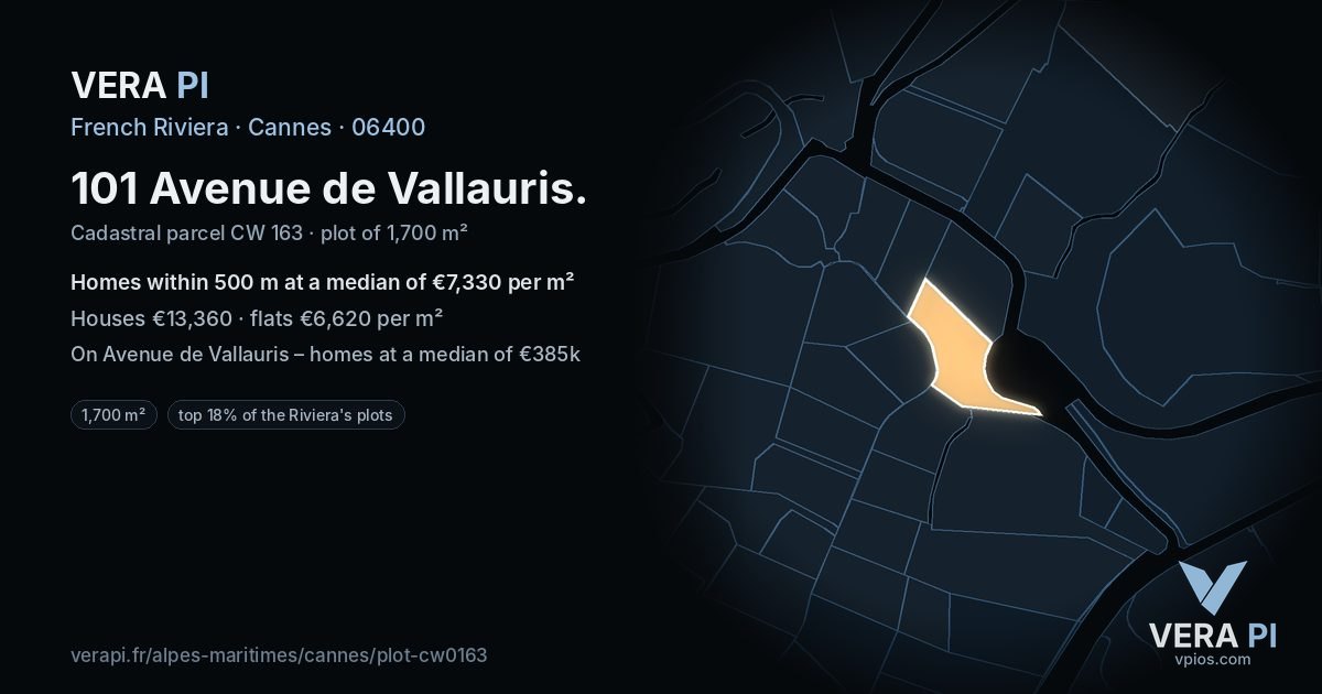 101 Avenue de Vallauris, Cannes at night – the plot lit, the parcels around coloured by the prices near them