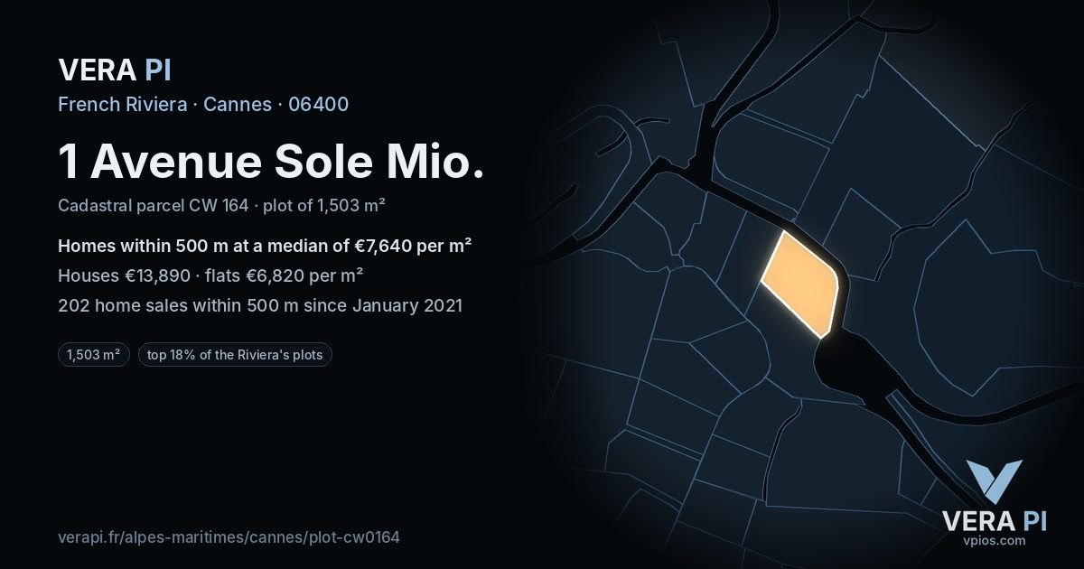 1 Avenue Sole Mio, Cannes at night – the plot lit, the parcels around coloured by the prices near them