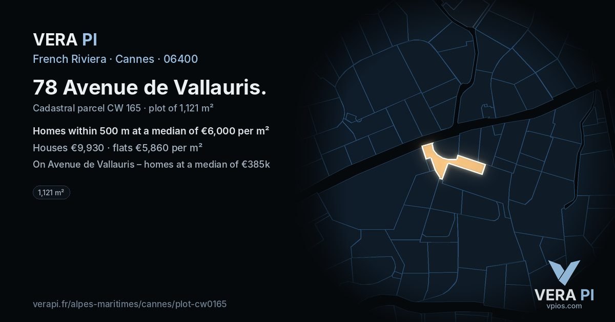 78 Avenue de Vallauris, Cannes at night – the plot lit, the parcels around coloured by the prices near them