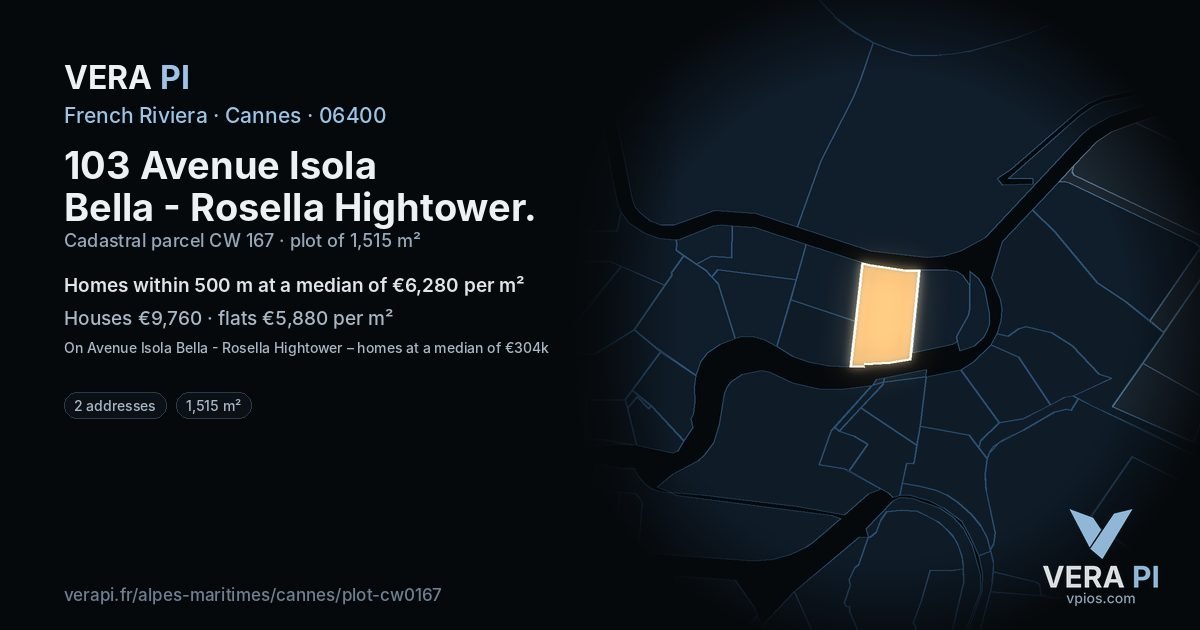 103 Avenue Isola Bella - Rosella Hightower, Cannes at night – the plot lit, the parcels around coloured by the prices near them