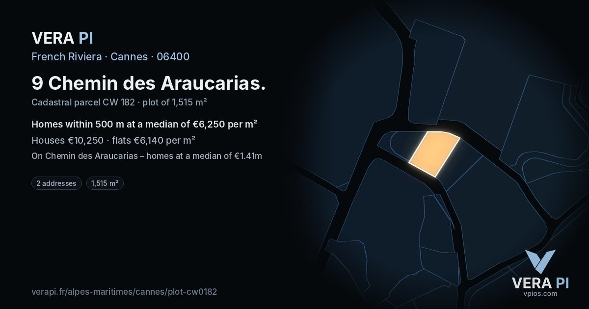 9 Chemin des Araucarias, Cannes at night – the plot lit, the parcels around coloured by the prices near them