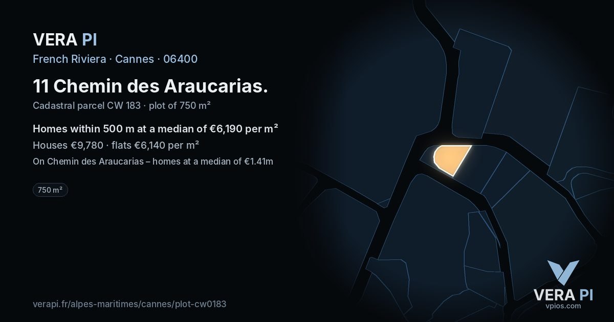 11 Chemin des Araucarias, Cannes at night – the plot lit, the parcels around coloured by the prices near them