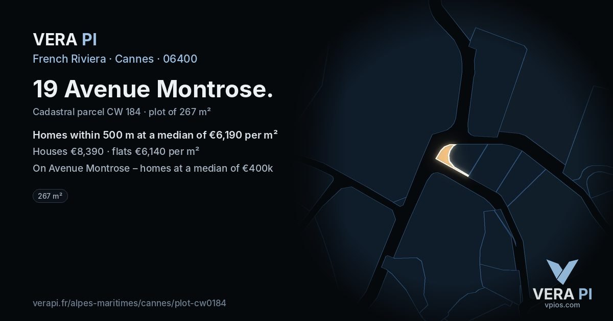 19 Avenue Montrose, Cannes at night – the plot lit, the parcels around coloured by the prices near them