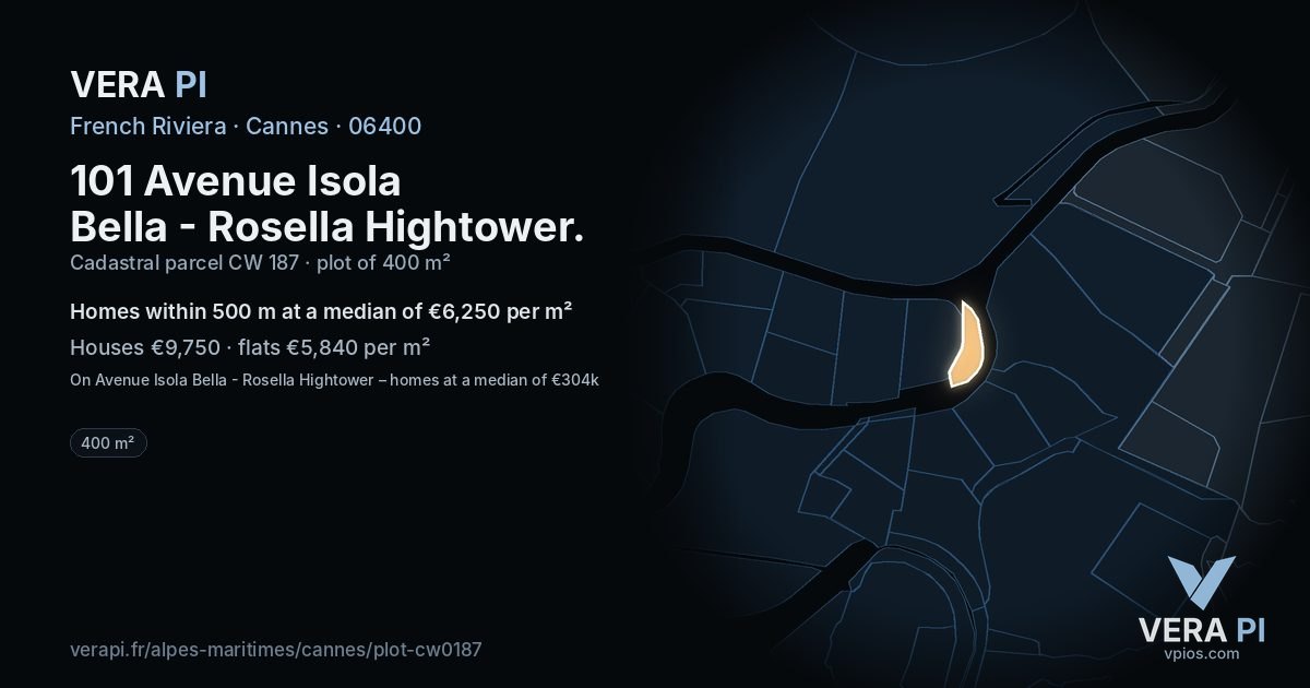 101 Avenue Isola Bella - Rosella Hightower, Cannes at night – the plot lit, the parcels around coloured by the prices near them