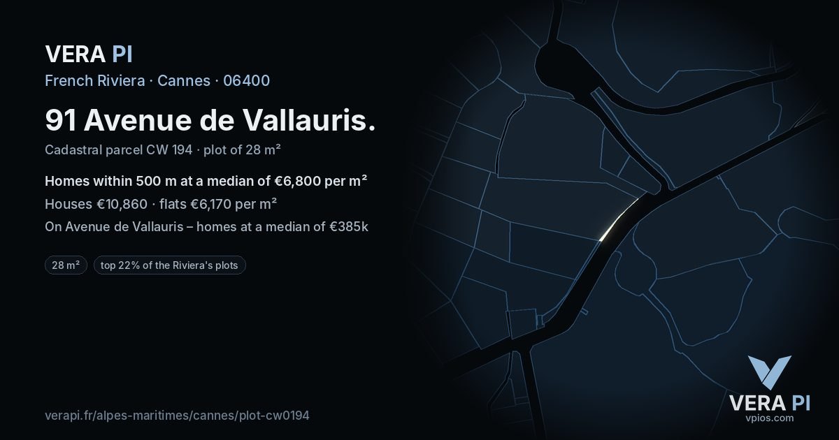 91 Avenue de Vallauris, Cannes at night – the plot lit, the parcels around coloured by the prices near them