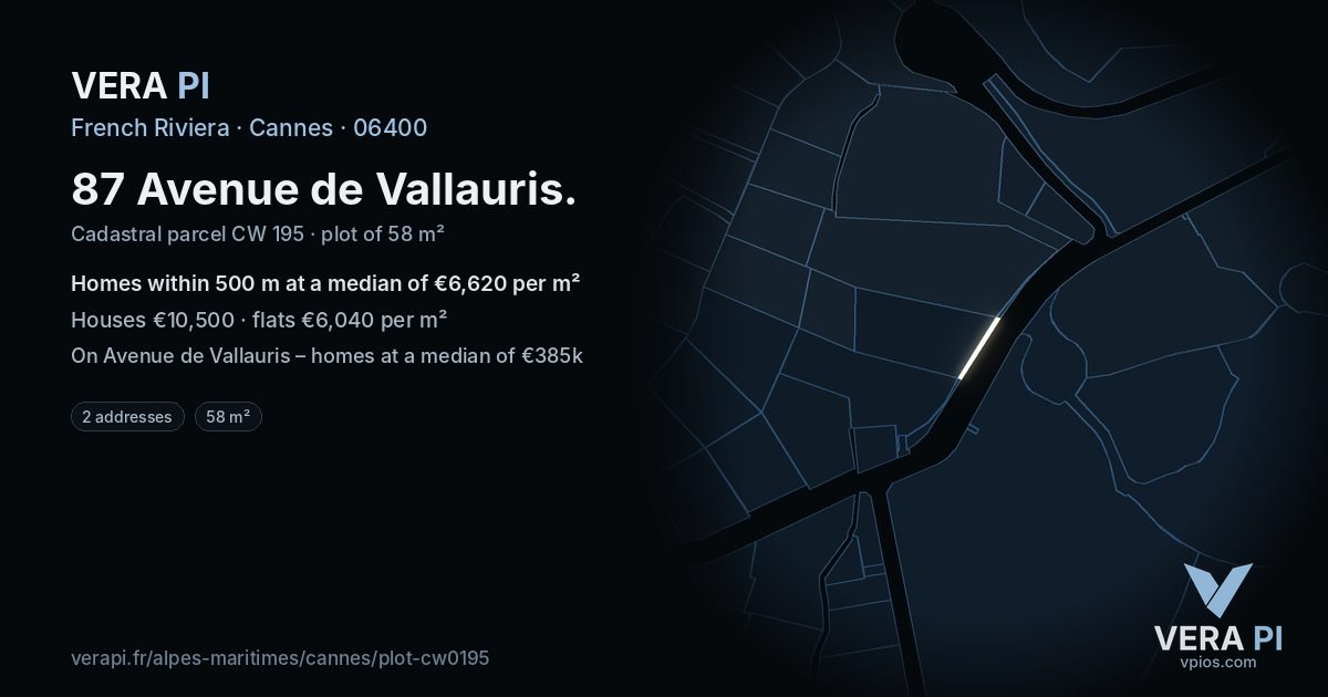 87 Avenue de Vallauris, Cannes at night – the plot lit, the parcels around coloured by the prices near them