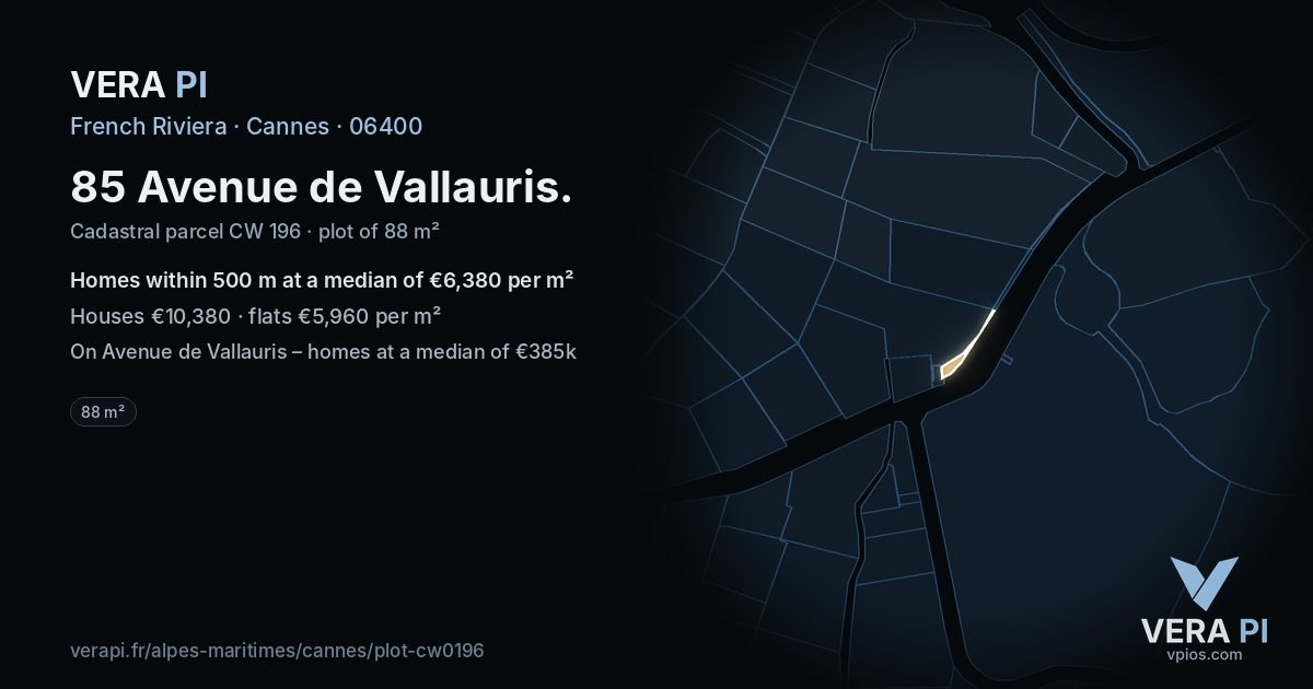 85 Avenue de Vallauris, Cannes at night – the plot lit, the parcels around coloured by the prices near them