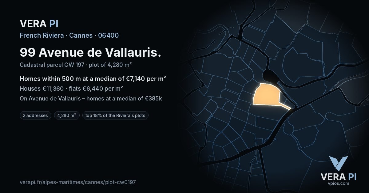 99 Avenue de Vallauris, Cannes at night – the plot lit, the parcels around coloured by the prices near them