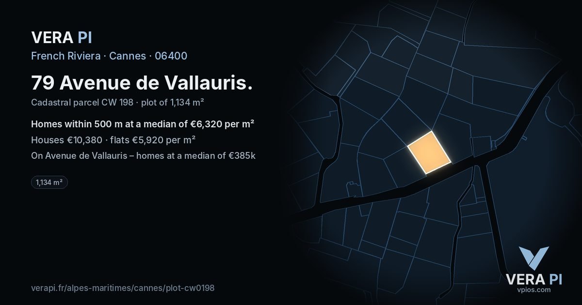 79 Avenue de Vallauris, Cannes at night – the plot lit, the parcels around coloured by the prices near them