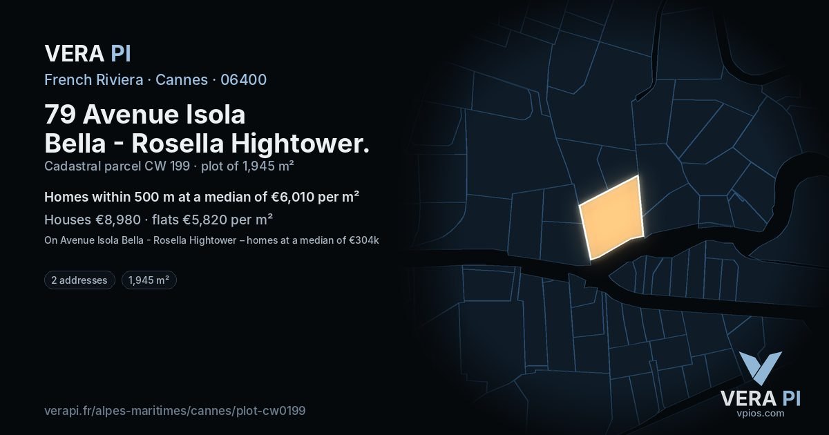 79 Avenue Isola Bella - Rosella Hightower, Cannes at night – the plot lit, the parcels around coloured by the prices near them
