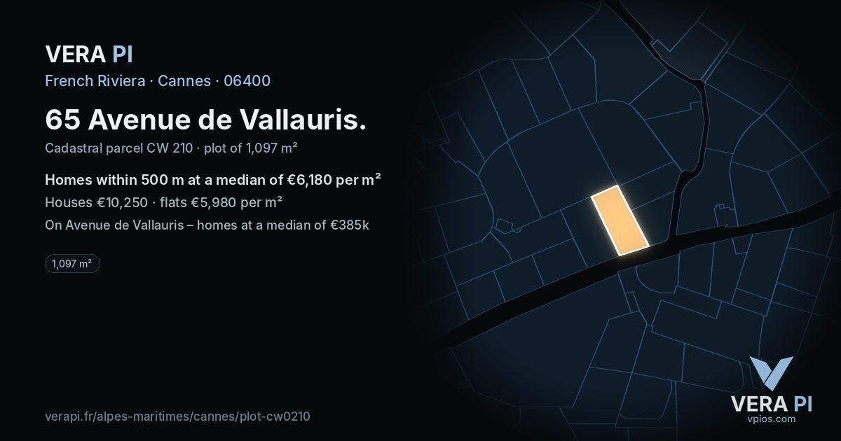 65 Avenue de Vallauris, Cannes at night – the plot lit, the parcels around coloured by the prices near them