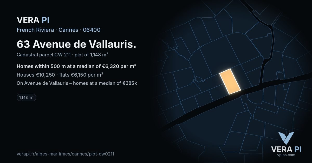 63 Avenue de Vallauris, Cannes at night – the plot lit, the parcels around coloured by the prices near them
